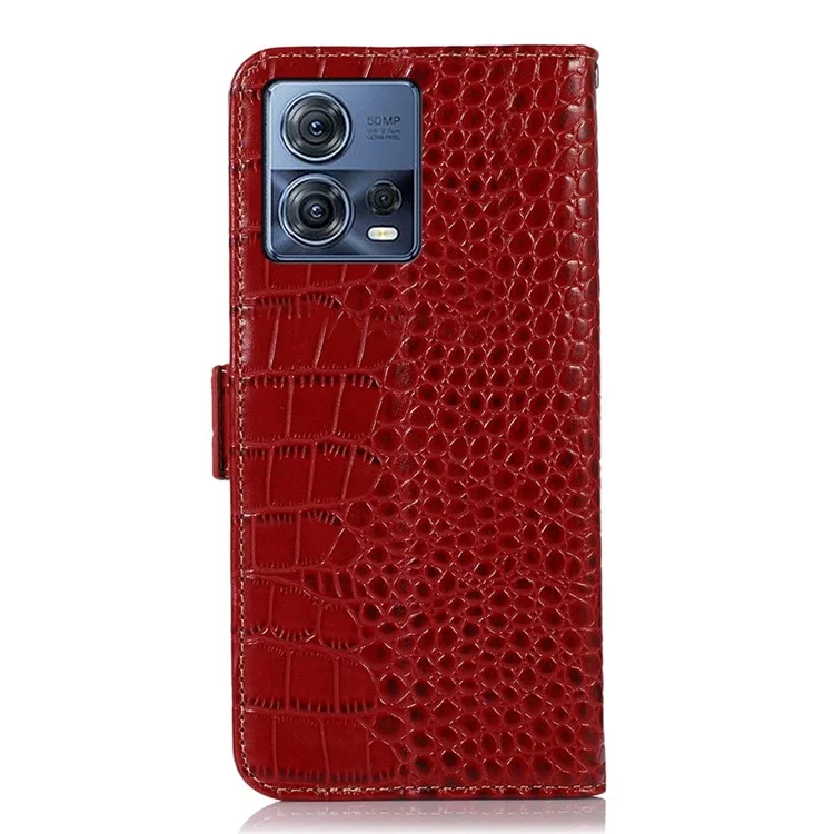 Für Motorola Moto S30 Pro 5G Echtes Kuhläden -leder -phone -hülle Krokodiltextur RFID -blockierungsabdeckung Mit Standbrieftasche - Rot