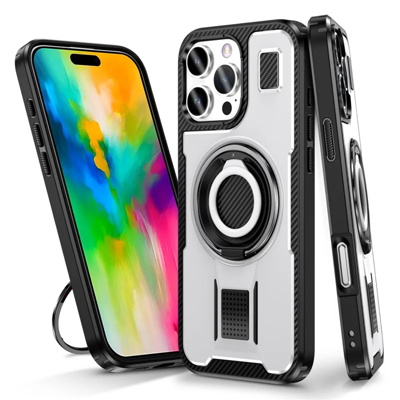 Pour Iphone 16 Pro Case Tpu + pc Kickstand Téléphone Couverture Avec Sangle de Doigt de Silicone - Blanc