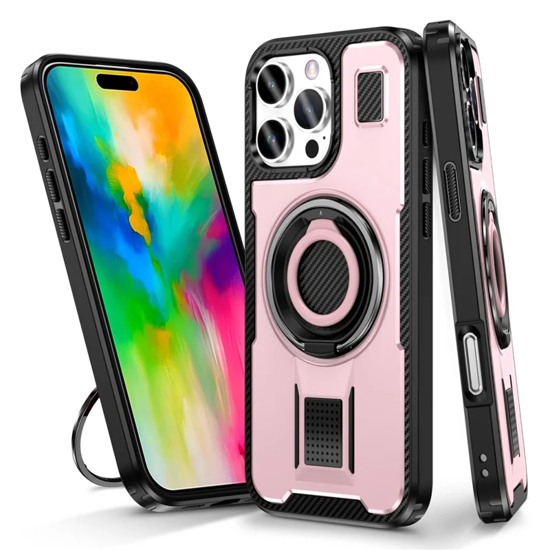 For iPhone 16 Pro Case TPU+PC Kickstand Phone Cover with Silicone Finger Strap - Rose Gold