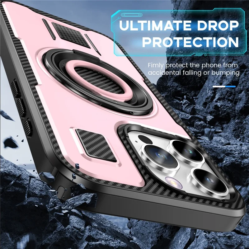 For iPhone 16 Pro Case TPU+PC Kickstand Phone Cover with Silicone Finger Strap - Rose Gold
