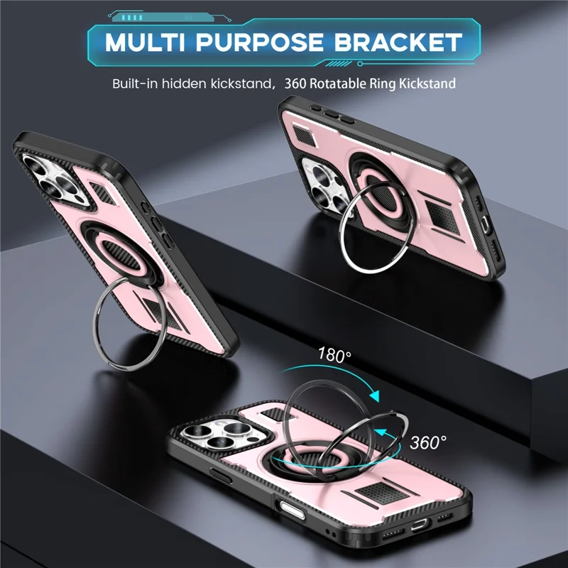 For iPhone 16 Pro Case TPU+PC Kickstand Phone Cover with Silicone Finger Strap - Rose Gold
