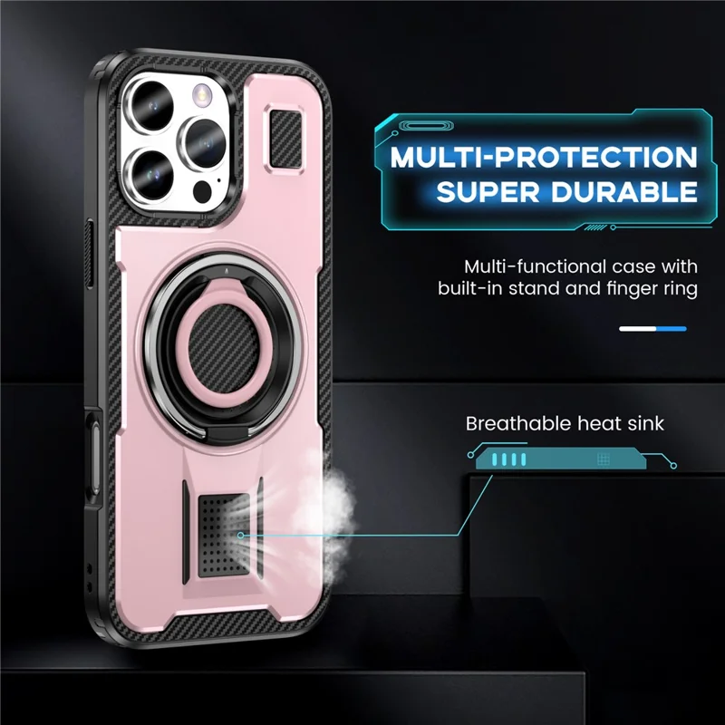 For iPhone 16 Pro Case TPU+PC Kickstand Phone Cover with Silicone Finger Strap - Rose Gold