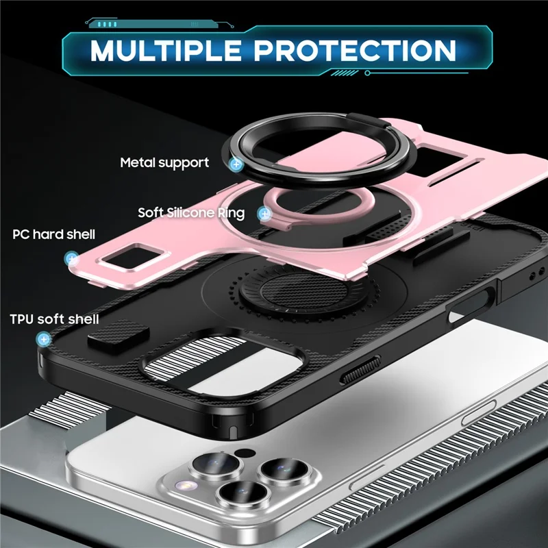 For iPhone 16 Pro Case TPU+PC Kickstand Phone Cover with Silicone Finger Strap - Rose Gold
