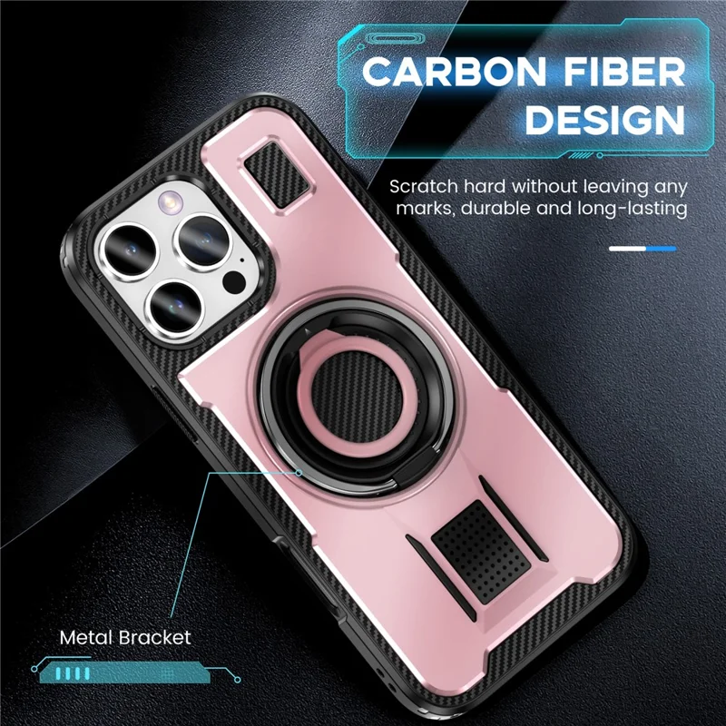 For iPhone 16 Pro Case TPU+PC Kickstand Phone Cover with Silicone Finger Strap - Rose Gold