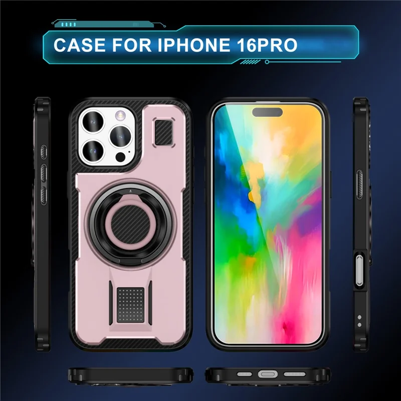 For iPhone 16 Pro Case TPU+PC Kickstand Phone Cover with Silicone Finger Strap - Rose Gold