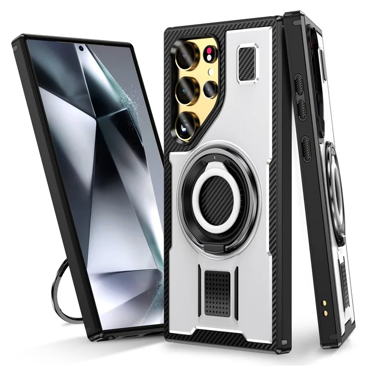 For Samsung Galaxy S24 Ultra Case TPU+PC Kickstand Phone Cover with Silicone Finger Strap - White