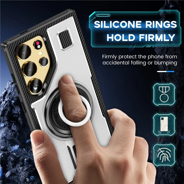 For Samsung Galaxy S24 Ultra Case TPU+PC Kickstand Phone Cover with Silicone Finger Strap - White