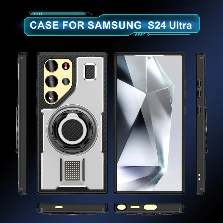 For Samsung Galaxy S24 Ultra Case TPU+PC Kickstand Phone Cover with Silicone Finger Strap - White
