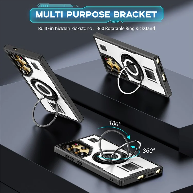For Samsung Galaxy S24 Ultra Case TPU+PC Kickstand Phone Cover with Silicone Finger Strap - White