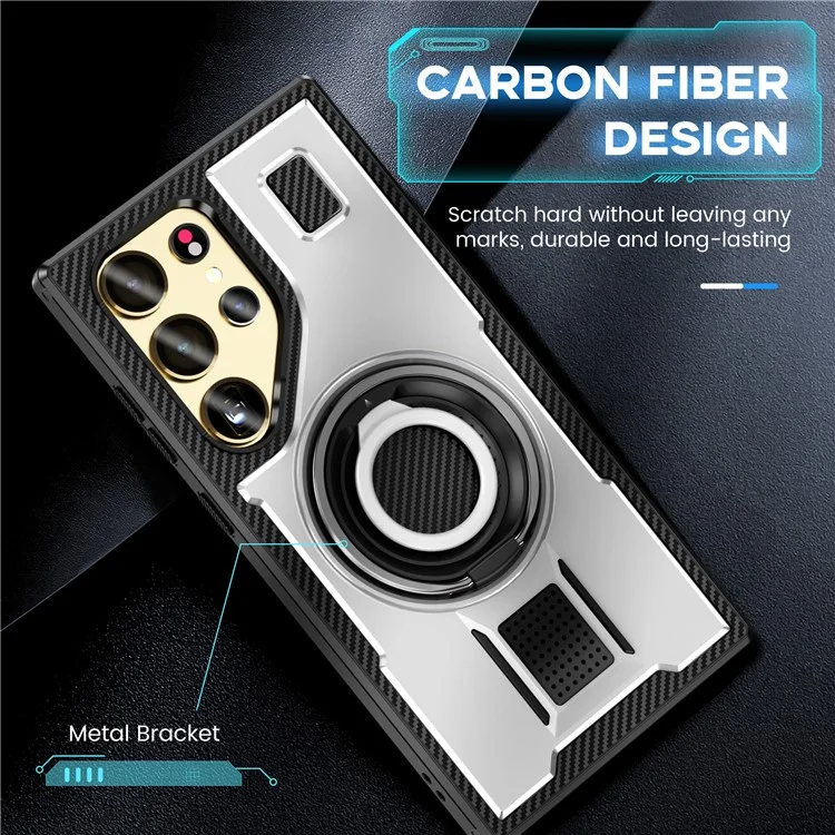 For Samsung Galaxy S24 Ultra Case TPU+PC Kickstand Phone Cover with Silicone Finger Strap - White