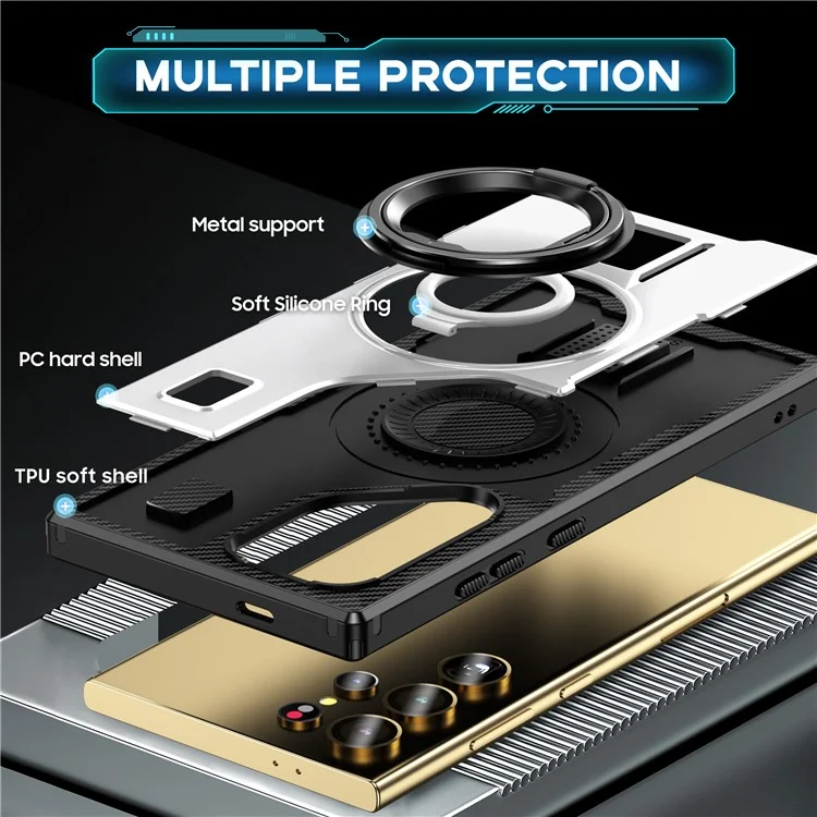 For Samsung Galaxy S24 Ultra Case TPU+PC Kickstand Phone Cover with Silicone Finger Strap - White