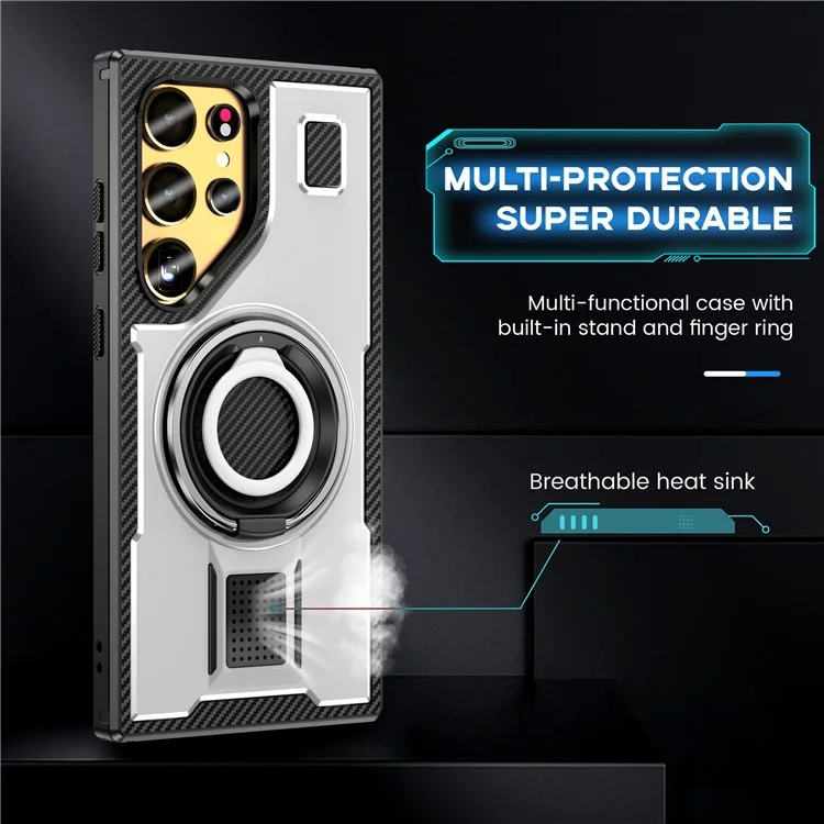 For Samsung Galaxy S24 Ultra Case TPU+PC Kickstand Phone Cover with Silicone Finger Strap - White