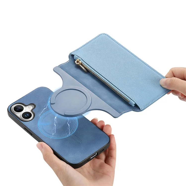 CASENEO For iPhone 16 Plus Case Cross Texture Leather Detachable Magnetic Phone Cover - Blue