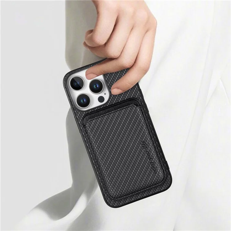 Per Iphone 16 Pro Case Carbon Fibre in Pelle in Pelle Copertina Con Borsa Per Carta Staccabile - Nero