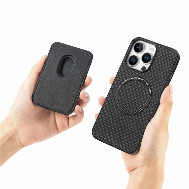 Per Iphone 16 Pro Case Carbon Fibre in Pelle in Pelle Copertina Con Borsa Per Carta Staccabile - Nero