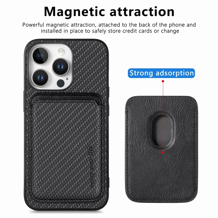 Per Iphone 16 Pro Case Carbon Fibre in Pelle in Pelle Copertina Con Borsa Per Carta Staccabile - Nero