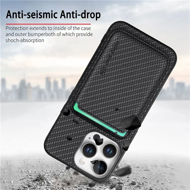 Per Iphone 16 Pro Case Carbon Fibre in Pelle in Pelle Copertina Con Borsa Per Carta Staccabile - Nero