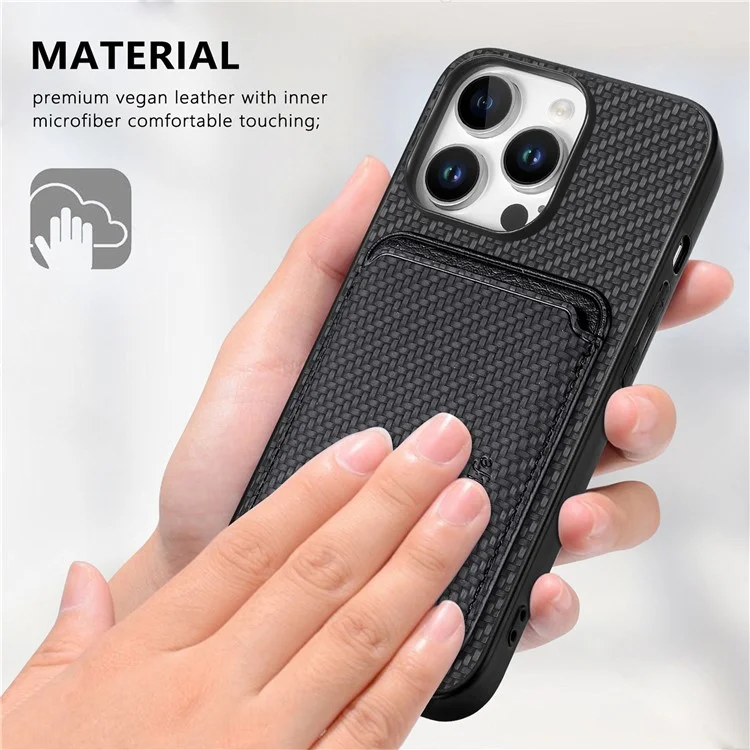 Per Iphone 16 Pro Case Carbon Fibre in Pelle in Pelle Copertina Con Borsa Per Carta Staccabile - Nero