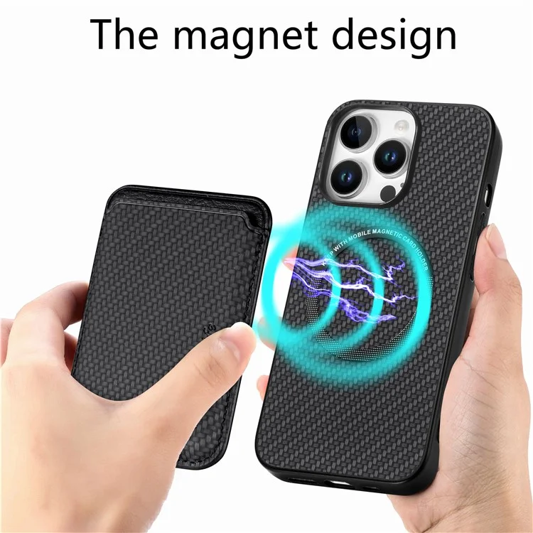 Per Iphone 16 Pro Case Carbon Fibre in Pelle in Pelle Copertina Con Borsa Per Carta Staccabile - Nero