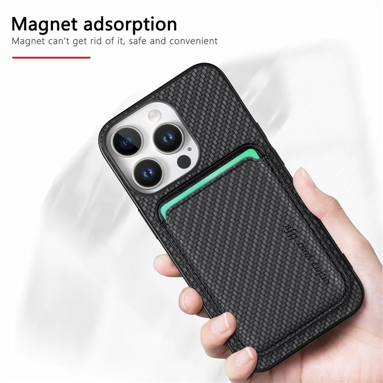 Per Iphone 16 Pro Case Carbon Fibre in Pelle in Pelle Copertina Con Borsa Per Carta Staccabile - Nero