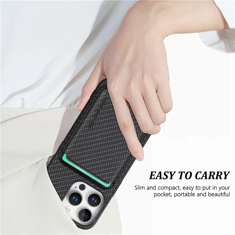 Per Iphone 16 Pro Case Carbon Fibre in Pelle in Pelle Copertina Con Borsa Per Carta Staccabile - Nero