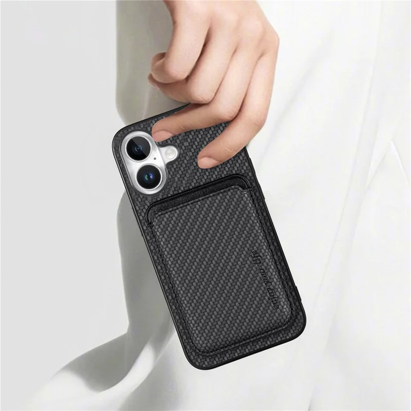 For iPhone 16 Case Carbon Fiber Leather Back Cover with Detachable Card Bag - Black
