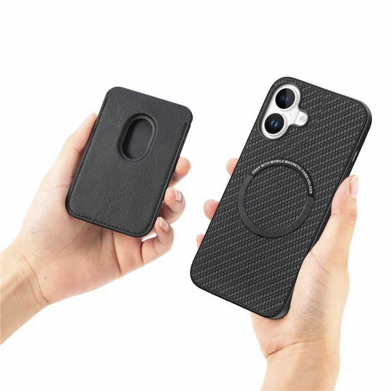 For iPhone 16 Case Carbon Fiber Leather Back Cover with Detachable Card Bag - Black