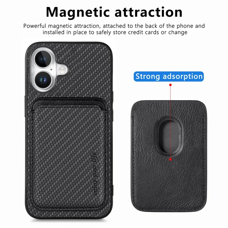For iPhone 16 Case Carbon Fiber Leather Back Cover with Detachable Card Bag - Black