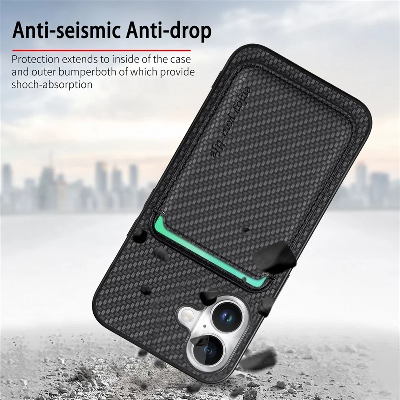 For iPhone 16 Case Carbon Fiber Leather Back Cover with Detachable Card Bag - Black