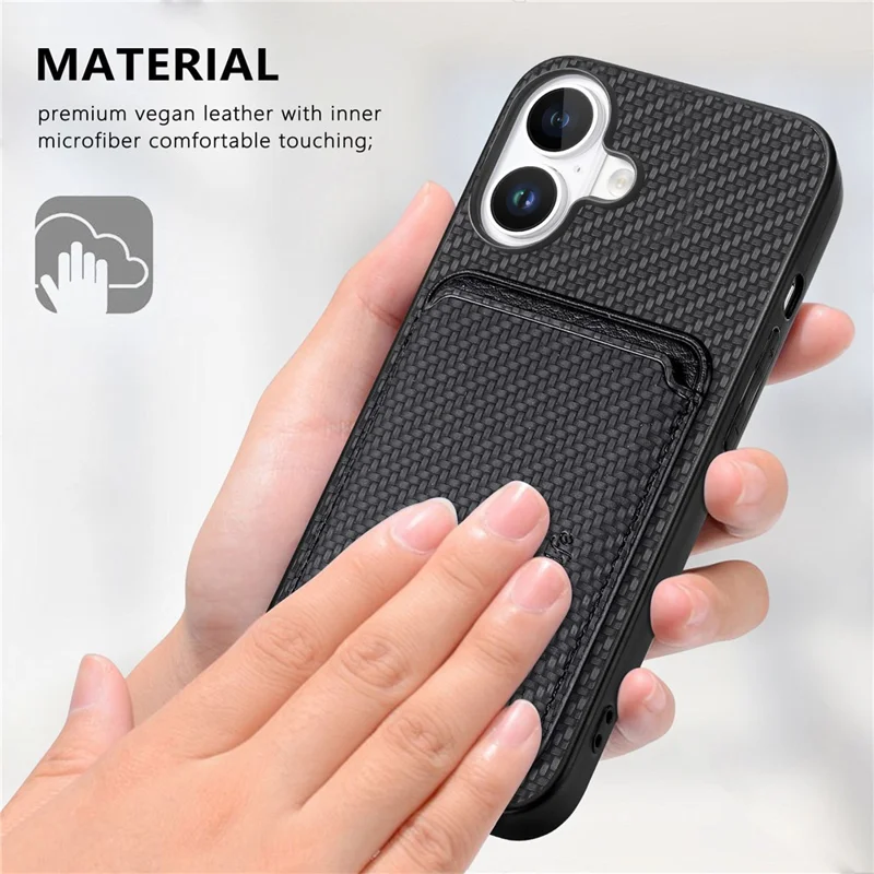 For iPhone 16 Case Carbon Fiber Leather Back Cover with Detachable Card Bag - Black