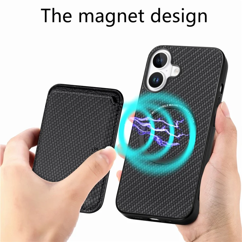 For iPhone 16 Case Carbon Fiber Leather Back Cover with Detachable Card Bag - Black