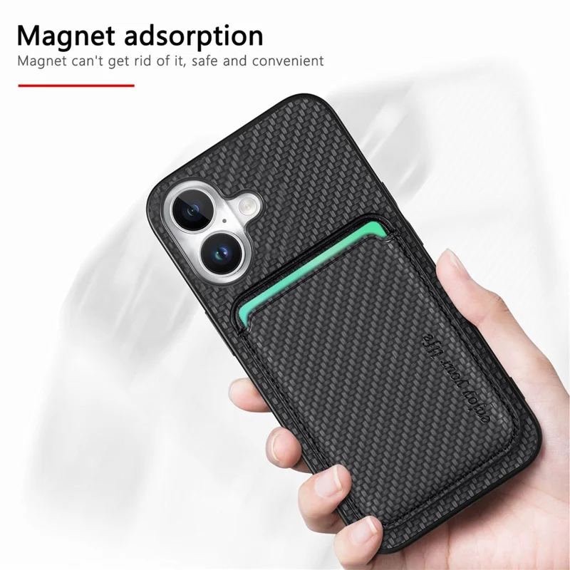 For iPhone 16 Case Carbon Fiber Leather Back Cover with Detachable Card Bag - Black
