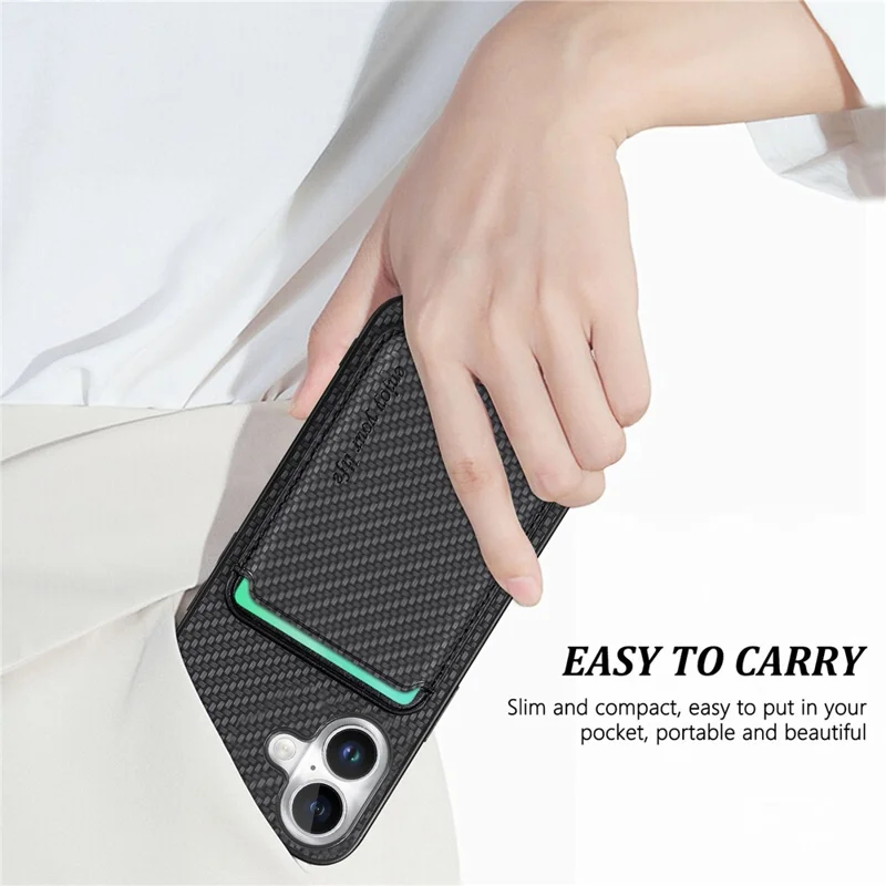 For iPhone 16 Case Carbon Fiber Leather Back Cover with Detachable Card Bag - Black