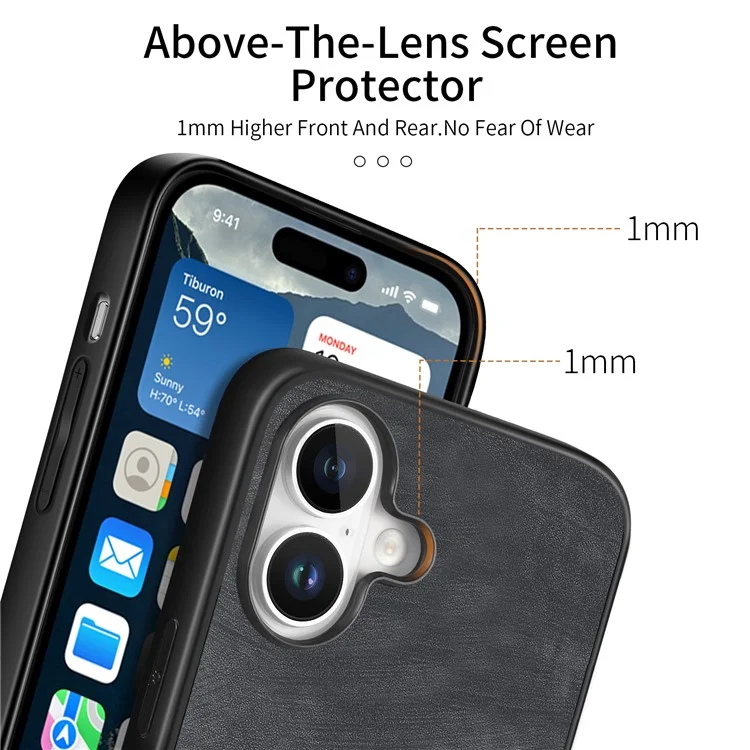 Для Iphone 16 Case Retro Leather + TPU Shock -reseance Protective Phone Cope - Черный