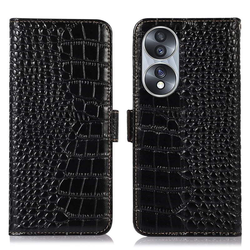 Genuine Cowhide Leather Phone Case for Honor 70 5G, Crocodile Texture Dual Magnetic Clasp RFID Blocking Cover with Stand Wallet - Black