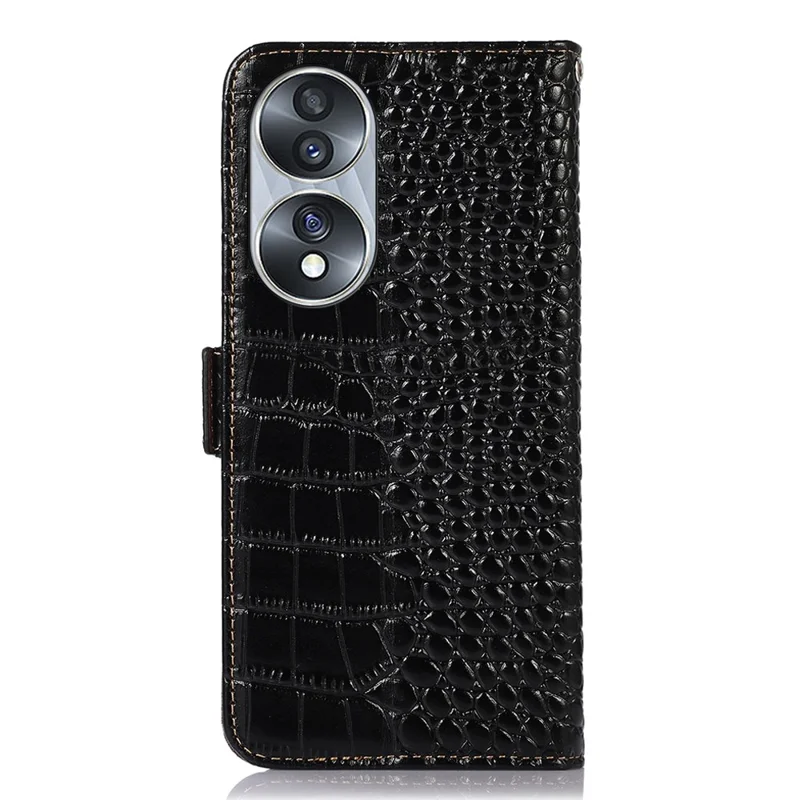 Genuine Cowhide Leather Phone Case for Honor 70 5G, Crocodile Texture Dual Magnetic Clasp RFID Blocking Cover with Stand Wallet - Black