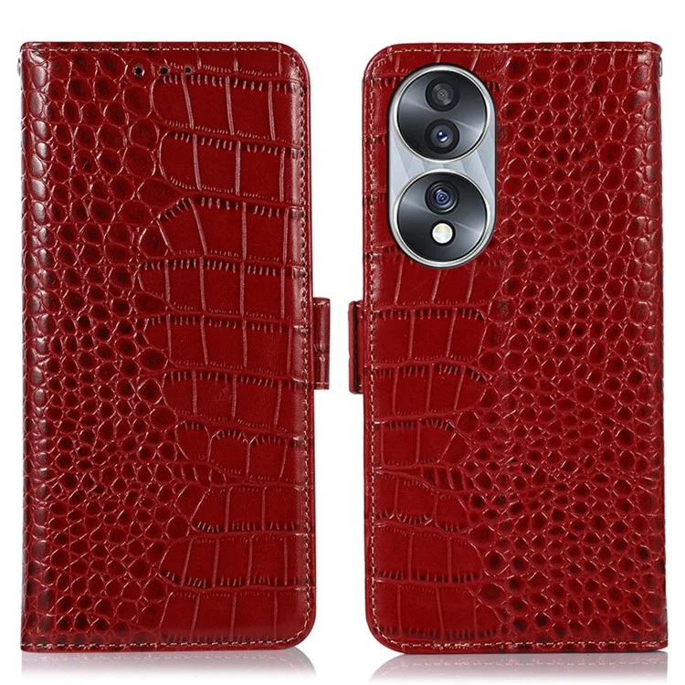 Étui en cuir véritable de vache Genuine pour Honor 70 5G, couverture à double fermeture magnétique anti-RFID avec support portefeuille - Rouge