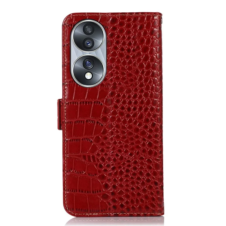Étui en cuir véritable de vache Genuine pour Honor 70 5G, couverture à double fermeture magnétique anti-RFID avec support portefeuille - Rouge