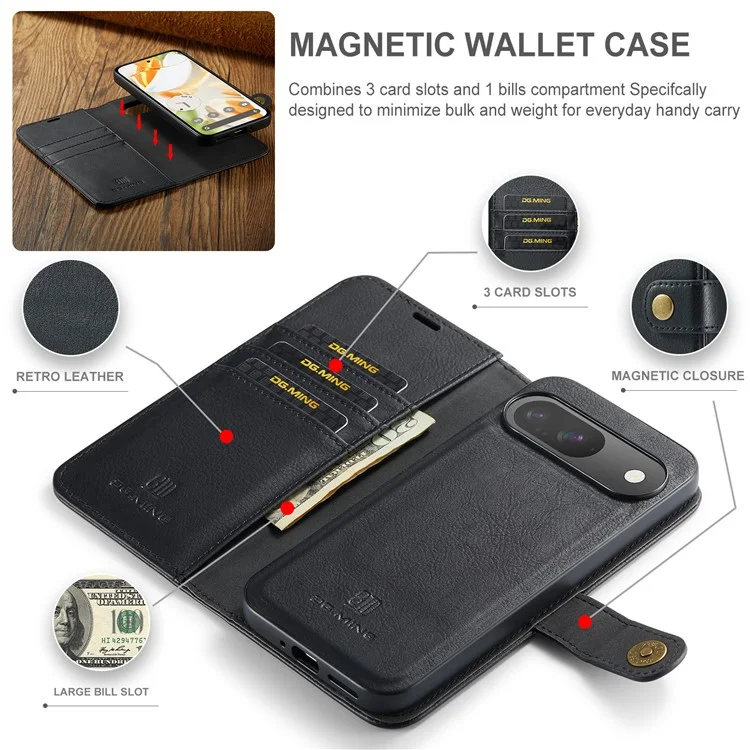 DG.MING per Google Pixel 9 / 9 Pro Case Custodia in pelle divisibile staccabile - Nero