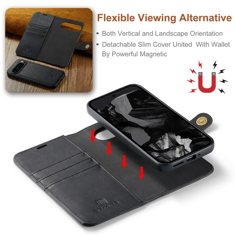 DG.MING for Google Pixel 9 Pro XL Case Detachable Split Leather Phone Cover - Black