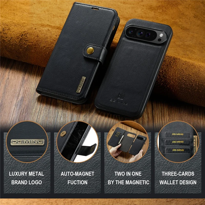 DG.MING for Google Pixel 9 Pro XL Case Detachable Split Leather Phone Cover - Black