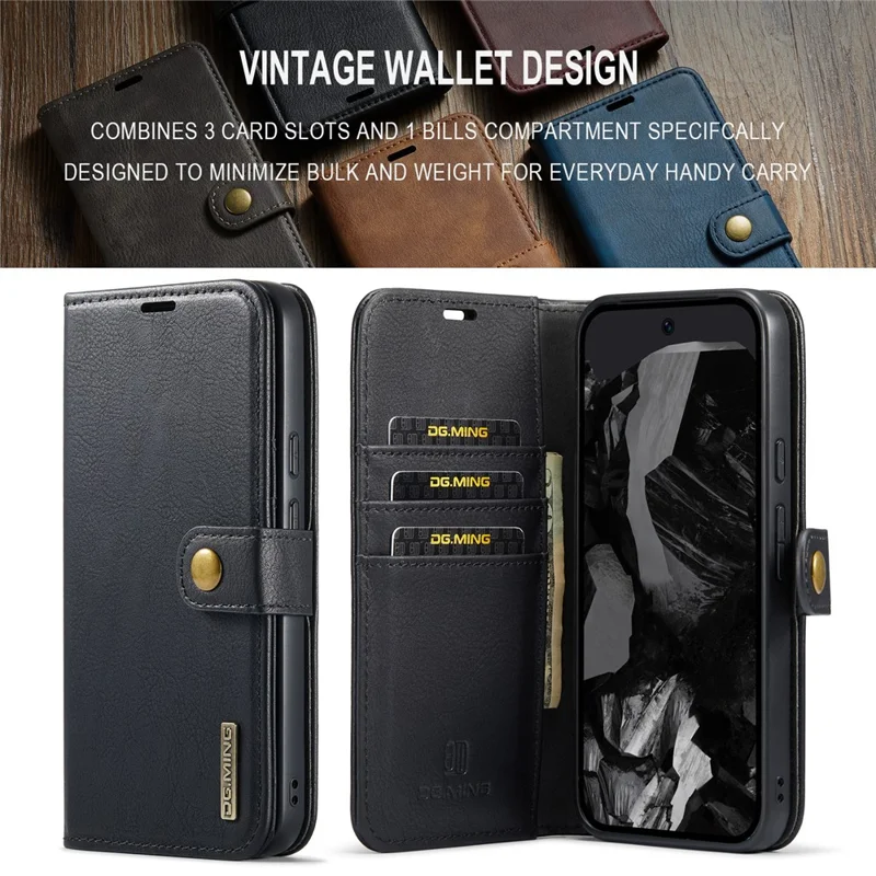 DG.MING for Google Pixel 9 Pro XL Case Detachable Split Leather Phone Cover - Black