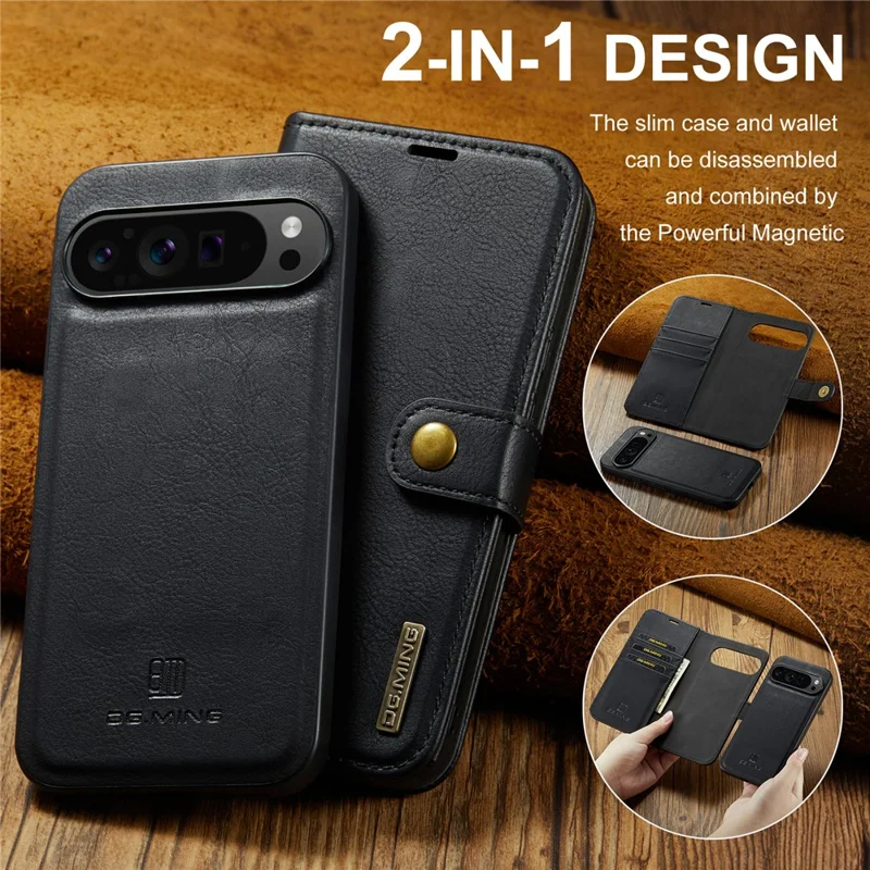DG.MING for Google Pixel 9 Pro XL Case Detachable Split Leather Phone Cover - Black