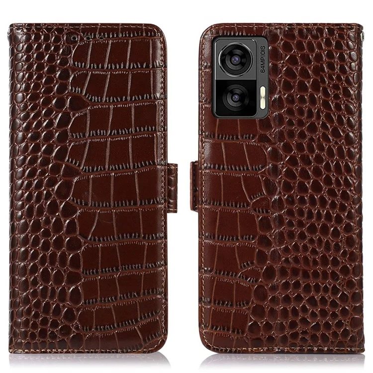 Para Motorola Edge 30 Neo 5G Genuine Cow Wide Stand Case Crocodile Texture Telep Cubierta Con Función de Bloqueo RFID - Marrón