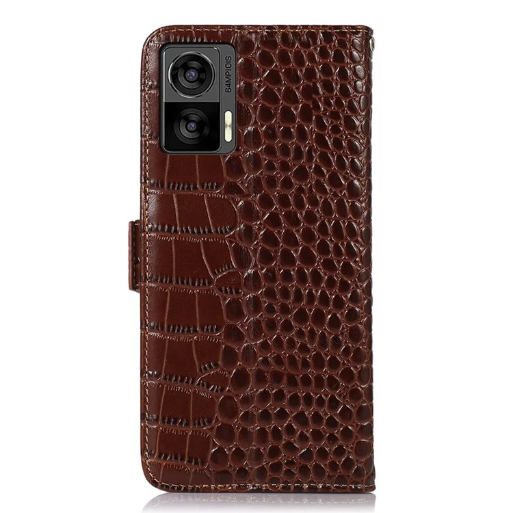 Para Motorola Edge 30 Neo 5G Genuine Cow Wide Stand Case Crocodile Texture Telep Cubierta Con Función de Bloqueo RFID - Marrón