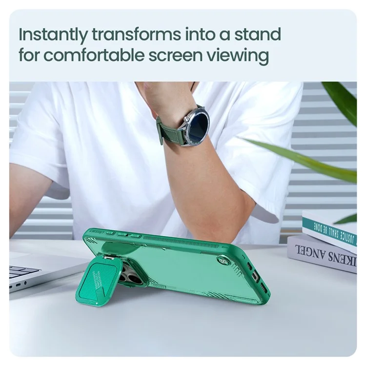 NILLKIN Iceblade Prop for iPhone 16 Pro Case PC+TPU Phone Shell with Lens Cover Kickstand - Green
