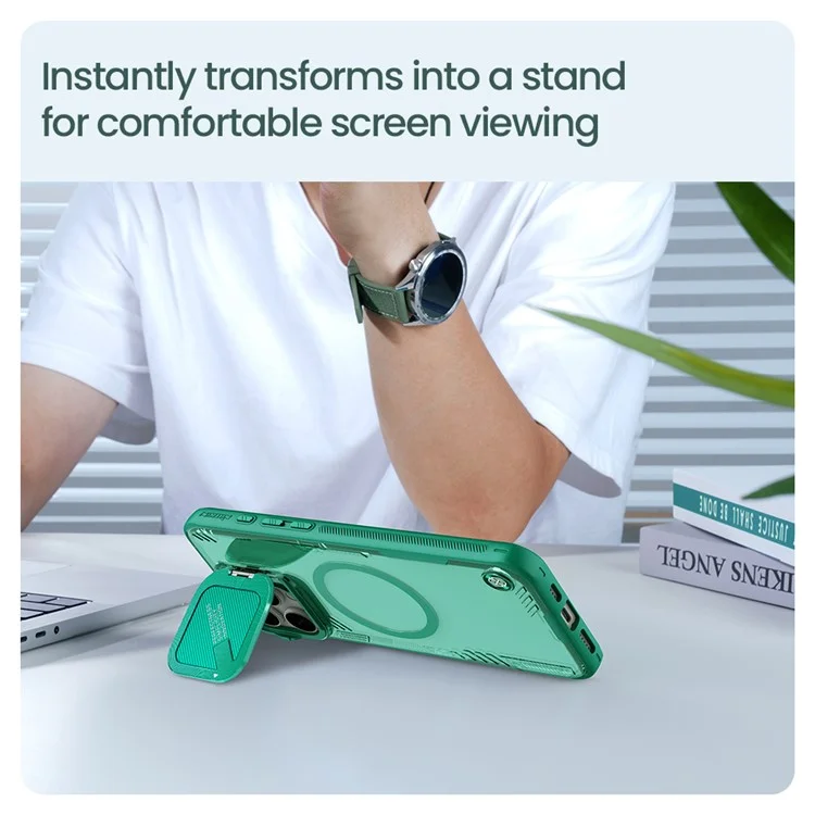 NILLKIN Iceblade Prop Magnetic Series For iPhone 16 Pro Case Compatible with MagSafe PC+TPU Phone Cover Slide Lens Lid - Verde