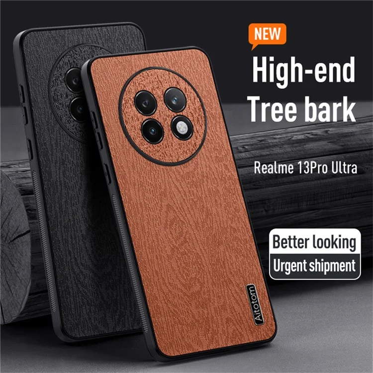 For Realme 13 Pro Ultra 5G Case Wood Texture PU Leather Coated PC+TPU Phone Cover - Brown