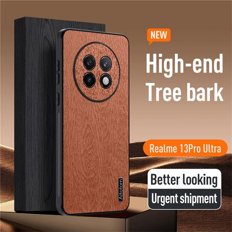 For Realme 13 Pro Ultra 5G Case Wood Texture PU Leather Coated PC+TPU Phone Cover - Brown