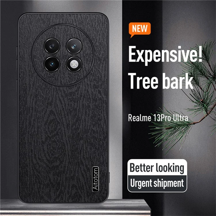 For Realme 13 Pro Ultra 5G Case Wood Texture PU Leather Coated PC+TPU Phone Cover - Brown